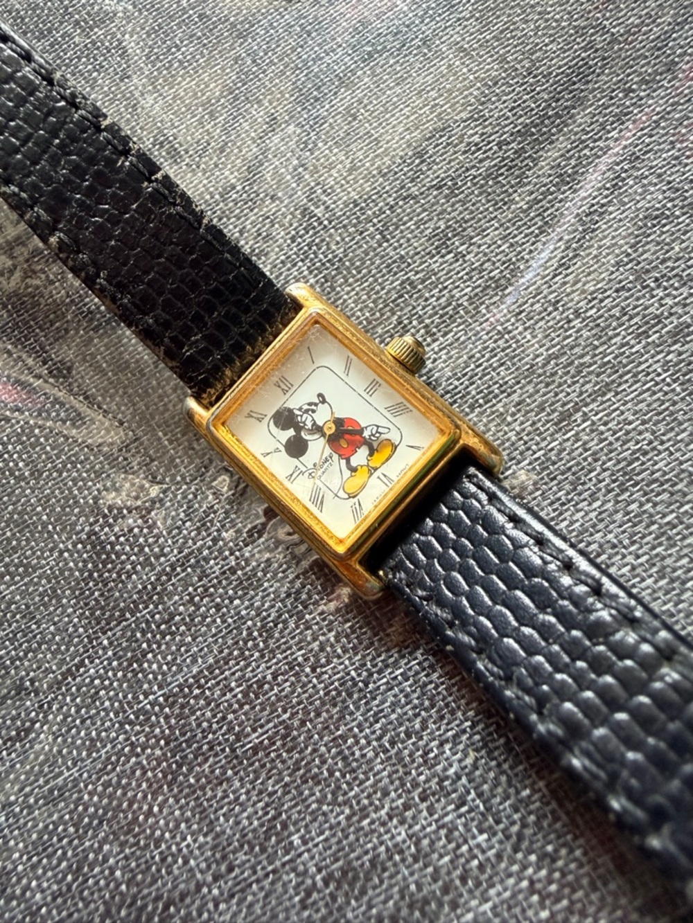 Vintage Disney Mickey Mouse Quartz Watch Gold Tone Rectangular Needs Battery